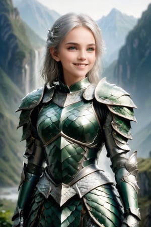 a young girl, silver hair, beautiful smile, real green eyes, delicate armor of intricate scale details, standing in a mountainous landscape, with a valley in the background, full body view, 16k UHD, extreme realism, maximum definitions, ultra detail,photo r3al, ,dragon armor