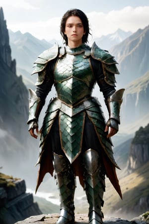 a young warrior, black hair, real  eyes, hard armor of intricate scale details, standing in a mountainous landscape, with a valley in the background, full body view, 16k UHD, extreme realism, maximum definitions, ultra detail,photo r3al, ,dragon armor