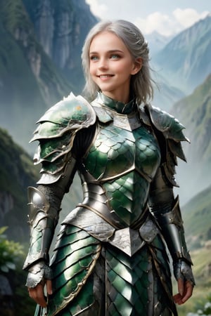 a young girl, silver hair, beautiful smile, real green eyes, delicate armor of intricate scale details, standing in a mountainous landscape, with a valley in the background, full body view, 16k UHD, extreme realism, maximum definitions, ultra detail,photo r3al, ,dragon armor