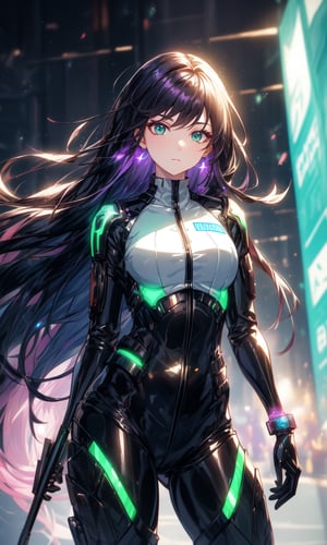 1 girl, long hair, black hair with purple glow, straight hair, modern city background, beautiful, alternate hairstyle, blue earrings, young looking, young girl, strong, skin tight battle suit, nighttime, neon lights on the battle suit
