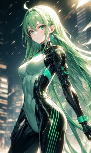 1 girl, long hair, green hair gradient, straight hair, modern city background, beautiful, alternate hairstyle, blue earrings, young looking, young girl, strong, skin tight battle suit, nighttime, neon lights on the battle suit