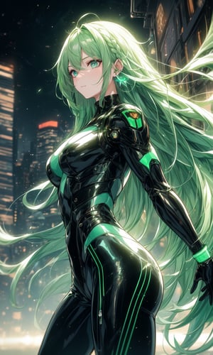 1 girl, long hair, green hair gradient, straight hair, modern city background, beautiful, alternate hairstyle, blue earrings, young looking, young girl, strong, skin tight battle suit, nighttime, neon lights on the battle suit, tied up hair