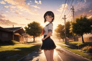 Suguha standing in her school uniform at sunset in a beautiful landscape,suguha ,breakdomain,School Classroom