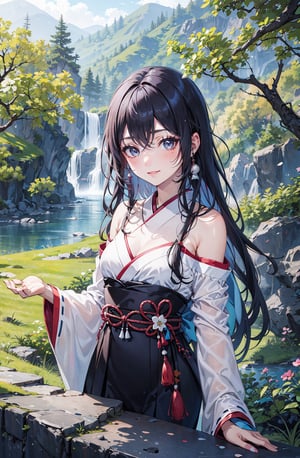 Masterpiece, intricate details, extremely detailed,  natural lighting, perfect face BREAK upper body, 1girl, solo, Herta, cute, petite, standing, (japanese haori:1.3), offshoulder, long sleeves, long hair, blush, light smile, small breasts, grey eyes, looking at viewer, BREAK nature, grassy plains, river stream, rocks,High detailed ,long hair