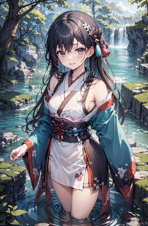 Masterpiece, intricate details, extremely detailed,  natural lighting, perfect face BREAK upper body, 1girl, solo, Herta, cute, petite, standing, (japanese haori:1.3), offshoulder, long sleeves, long hair, blush, light smile, small breasts, grey eyes, looking at viewer, BREAK nature, grassy plains, river stream, rocks,High detailed ,long hair