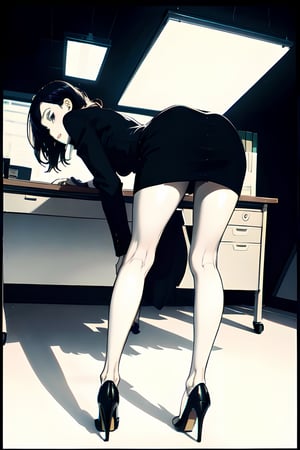 Polaroid black tone low key film, , masterpiece, best quality, 25 years old, legs, bent over desk, office lady, heels, in office, dark background,

