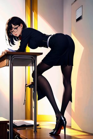 secretary in glasses, in skirt, bending over the desk, low ca,era angle, masterpiece, heels, in office