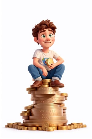 sticker of a young cool cartoon hip guy sitting on the floor on a pile of golden coins, white background, white foreground, disney pixar style, isolated on white background,