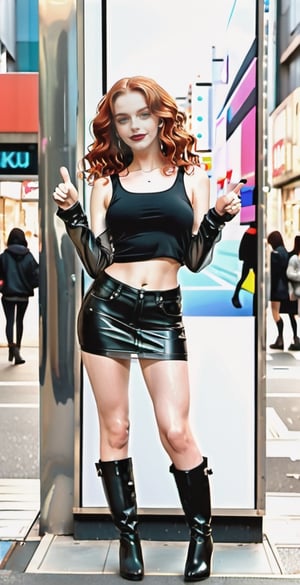 ((full body shot:1.4)),1girl, 12yo, perfect body, skinny body, perfect face, detailed face, (see-through tank top), showing belly, miniskirt, redhead, long curly hair, leather jacket, high heels,(tight high boots), red lipstick, in a busy street of Seoul, happy, thumbs-up,Flat vector art,vaporwave style
