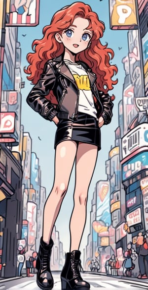 ((full body shot:1.4)),1girl, 12yo, perfect body, skinny body, perfect face, detailed face, see-through clothes, miniskirt, redhead, long curly hair, leather jacket, high heels,(tight high boots), in a busy street of Seoul, happy, thumbs-up, Flat vector art