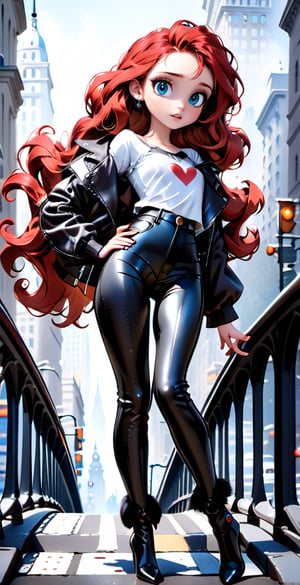 ((full body shot:1.4)),A stunning 19-year-old woman stands confidently, her gaze direct at the camera, wearing a leather jacket and tight leather pants that accentuate her toned physique. Her luscious long red curls cascade down her back, framing her porcelain-doll face with its defined features: big lips, prominent cheekbones, and piercing blue eyes. A pop of dark red lipstick adds a touch of sassiness. She wears sunglasses perched on the bridge of her nose, adding to her mysterious allure. Her over the knee boots high heels click softly on the iconic Fifth Avenue pavement, Manhattan's bustling streets appears in the background. The atmosphere exudes vintage glamour.,disney pixar style