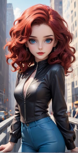 A stunning 20-year-old woman stands confidently, her gaze direct at the camera, wearing a sleek leather jacket and tight pants that accentuate her toned physique. Her luscious red curls cascade down her back, framing her porcelain-doll face with its defined features: big lips, prominent cheekbones, and piercing blue eyes. A pop of bright red lipstick adds a touch of sassiness. She sports bold sunglasses perched on the bridge of her nose, adding to her mysterious allure. Her high heels click softly on the iconic Fifth Avenue pavement, Manhattan's bustling streets blurred in the background like a watercolor painting. The atmosphere exudes vintage glamour,anime style,oil paint