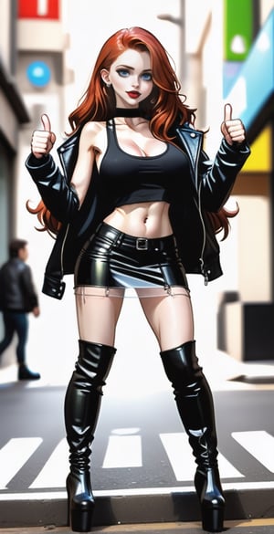 ((full body shot:1.4)),1girl, 12yo, perfect body, skinny body, perfect face, detailed face, (see-through tank top), showing belly, miniskirt, redhead, long wavy hair, leather jacket, high heels,(tight high boots), (over the knee boots), red lipstick, in a busy street of Seoul, happy, thumbs-up,see-through clothes,laura