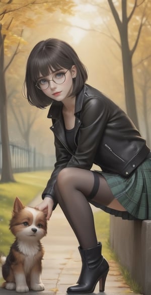 ((full body shot)), A masterpiece of detailed photography captures a skinny girl with perfect features, black hair, bob haircut, fringe, bangs, smooth hair, and round cheeks posing face-down. She wears glasses. she is bending over. Her pleated tartan skirt, and high heeled over-the-knee boots are visible. She wears a leather jacket. The view is from behind, she has a very skinny body, Thigh gap.
The background is very detailed, a crowded park by a sunny day