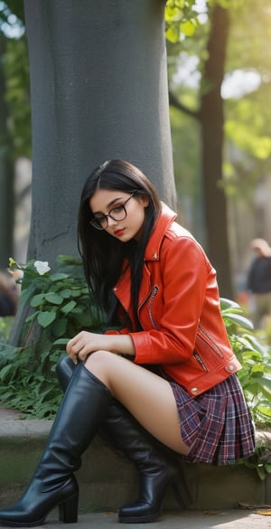 A melancholic beauty lies face-down in a lush park, her long black bobbed hair framing round cheeks beneath thick-framed glasses. A leather jacket, pleated tartan skirt, and high-heel over-the-knee boots create a striking ensemble, highlighting her thigh gap as she gazes wistfully at a playful squirrel. The vibrant atmosphere of the crowded park unfurls in the background, with sun-drenched greenery and colorful details.