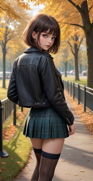 ((full body shot)), A masterpiece of detailed photography captures a skinny girl with perfect features, brown hair, bob haircut, fringe, smooth hair, and round cheeks posing face-down. she is bending over. Her pleated tartan skirt, fishnets, and over-the-knee boots are visible. She wears a leather jacket. The view is from behind, she has a very skinny body, Thigh gap.
The background is very detailed, a crowded park by a sunny day