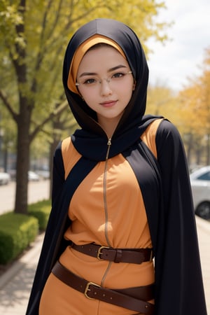 masterpiece, best quality, i girl , 15yo, glasses, orange abaya, small boobs , full sleeves, orange hijab, belt, upper body, smirk, 