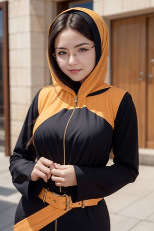 masterpiece, best quality, i girl , 15yo, glasses, orange abaya, small boobs , full sleeves, orange hijab, belt, upper body, smirk, 