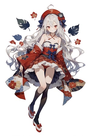 masterpiece, best quality, aesthetic, Goblincore, 1girl, japanese summer festival, ukiyo-e, Leaning forward, hands braced on knees, Strapless bandeau bikini with a twist-front detail and a tropical print, ahoge, bag, black footwear, black socks, blue bow, blush, bow, closed mouth, full body, hair between eyes, hair bow, holding, holding stuffed toy, kneehighs, leaf, long hair, long sleeves, looking at viewer, neck ribbon, plaid, plaid skirt, red eyes, red headwear, red ribbon, red skirt, ribbon, shadow, shoes, simple background, skirt, sleeves past wrists, socks, solo, standing, standing on one leg, stuffed animal, stuffed toy, very long hair, white background, white footwear, white hair