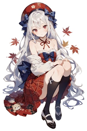 masterpiece, best quality, aesthetic, Goblincore, 1girl, japanese summer festival, ukiyo-e, Leaning forward, hands braced on knees, Strapless bandeau bikini with a twist-front detail and a tropical print, ahoge, bag, black footwear, black socks, blue bow, blush, bow, closed mouth, full body, hair between eyes, hair bow, holding, holding stuffed toy, kneehighs, leaf, long hair, long sleeves, looking at viewer, neck ribbon, plaid, plaid skirt, red eyes, red headwear, red ribbon, red skirt, ribbon, shadow, shoes, simple background, skirt, sleeves past wrists, socks, solo, standing, standing on one leg, stuffed animal, stuffed toy, very long hair, white background, white footwear, white hair