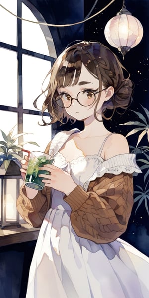 masterpiece, best quality, aesthetic,watercolor \(medium\), Christian Hardcore, 1girl, Futurism , One-shoulder bikini with a scalloped edge and a bold geometric pattern, blush, braid, brown eyes, brown hair, cardigan, closed mouth, cup, dress, drinking, drinking straw, glasses, hair bun, holding, holding cup, indoors, lantern, long sleeves, looking away, medium hair, open clothes, plant, solo, swept bangs, thick eyebrows, twin braids, white dress, window