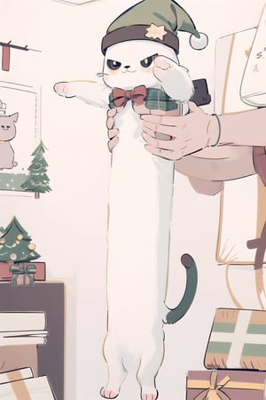 (cute illustration:1.3),cute,kawaii,sweet, cat , christmas headwear, christmas, winter,  christmas decoration room, tree christmas,IncrsLcmSolo,full body