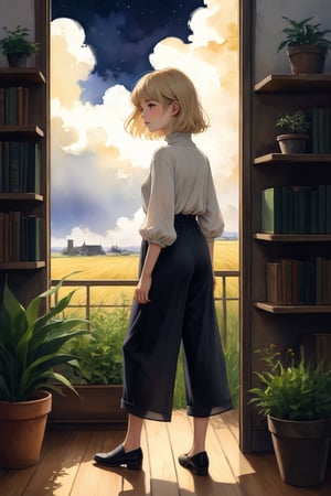 masterpiece, best quality, aesthetic, watercolor \(medium\), An abstract digital painting, Nostalgiacore, 1girl, neurobiology,terminology,sustainability
, chiffon cropped wide-leg jumpsuit, turtleneck, , blonde hair, book, bookshelf, building, cloud, cloudy sky, expressionless, feet out of frame, grass, hat, indoors, long sleeves, looking away, night, night sky, plant, potted plant, profile, scenery, short hair, sky, solo, standing, sunlight, window, wooden floor, yellow eyes
