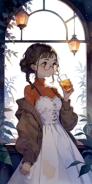 masterpiece, best quality, aesthetic,watercolor \(medium\), Christian Hardcore, 1girl, Futurism , One-shoulder bikini with a scalloped edge and a bold geometric pattern, blush, braid, brown eyes, brown hair, cardigan, closed mouth, cup, dress, drinking, drinking straw, glasses, hair bun, holding, holding cup, indoors, lantern, long sleeves, looking away, medium hair, open clothes, plant, solo, swept bangs, thick eyebrows, twin braids, white dress, window
