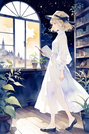 masterpiece, best quality, aesthetic, watercolor \(medium\), An abstract digital painting, Nostalgiacore, 1girl, neurobiology,terminology,sustainability
, chiffon cropped wide-leg jumpsuit, turtleneck, , blonde hair, book, bookshelf, building, cloud, cloudy sky, expressionless, feet out of frame, grass, hat, indoors, long sleeves, looking away, night, night sky, plant, potted plant, profile, scenery, short hair, sky, solo, standing, sunlight, window, wooden floor, yellow eyes
