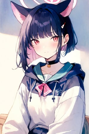 1girl, kazusa \(blue archive\), blue archive, halo, cute, confident expression,  animal ears, sweater, choker,  masterpiece, best quality, aesthetic, watercolor \(medium\), 