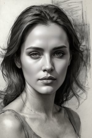 masterpiece, best quality, dreamwave, aesthetic, 1woman, sketch, lineart, shading,  portrait by Charles Miano, Style by Nikolay Feshin,charcoal drawing