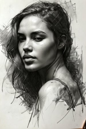 masterpiece, best quality, dreamwave, aesthetic, 1woman, sketch, lineart, shading,  portrait by Charles Miano, Style by Nikolay Feshin,charcoal drawing,charcoal \(medium\)