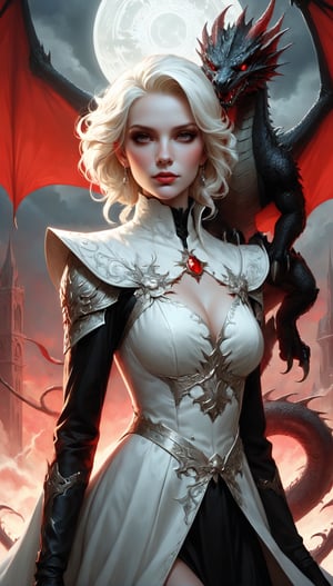 a woman in a black dress with a red sun behind her, 1dragon extra very tiny dragon perched on her shoulder, vector art, by Tom Bagshaw, gothic art, jc leyendecker and sachin teng, gray color, character art. sc-fi. cover art, queen of ice and storm, alena aenami and artgerm, trending on deviant art, emma frost, castelvania, detailed white,PetDragon2024xl,niji style