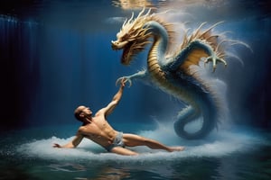 Dissolving dragon seamonster dragging a man down, by Bill Viola, james bidgood, digital painting masterpiece