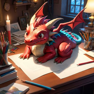 Masterpiece, cute style, "realistic tiny dragon" curled up, cozy, on desk with art supplies, sleepy eyes, cute wings, illumination background, reflections, sparkling, Dutch angle shot, todd lockwood, joel rea and mark ryden, slawomir maniak and greg tocchini, concept art, rockwell and lou xaz, heartwarming, cozy atmosphere, by chris riddell, a masterpiece, 8k resolution concept art, Artstation, triadic colors, Unreal Engine 5, cgsociety, studioghibli style