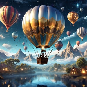 Steampunkpilot, flying in a hot air balloon through the night sky, digital art, cg society contest winner, magical realism, glass - reflecting - stars, contest winner 2021, draped in shiny gold and silver, rendered in cinema 4 d, [ everything is floating ]!!!, elevated consciousness, travelling across the stars, brilliant reflections, inspiration, dyson sphere, glimmering, outdoors, sky, cloud, tree, no humans, nature, scenery, crystal, mountain, fantasy, balloon