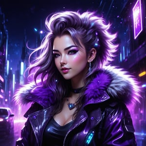 1girl, cyberpunk, fur trim jacket blowing in the wind, smirking, looking at viewer, selective color purple, purple glowing crystal, color only on glowing grystal, fine lines, ink sketch, white paint dots, highly detailed background setting, upward movement, dark fairytale mood, SelectiveColorStyle,Decora_SWstyle,DarkSynth