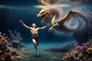 Dissolving dragon seamonster attacking a swimming man, by Bill Viola, james bidgood, digital painting masterpiece, cinematic scene, emotive and exaggerated, sharp focus with limited motion blur, diagonal movement dynamic composition, underwater bubbles, ((down to the depths))