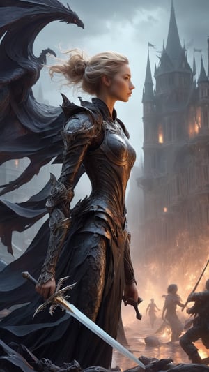 "Dark romance fantasy, close up of a woman with sword wearing dragon bone armor standing above a city, an army looking up at her, embers", bones, ribcage style armor, eldritch, dracolich-like armor, wavy golden dark blonde hair, realistic anatomy and proportions, Masterpiece, Intricate, Insanely Detailed, Art by lois van baarle, todd lockwood, chris rallis, anna dittmann, Kim Jung Gi, Gregory Crewdson, Yoji Shinkawa, Guy Denning, smooth, natural Chiaroscuro, subsurface scattering vfx, actionpainting, best quality, smooth finish, masterpiece,DracolichXL24,art_booster,LegendDarkFantasy,ellafreya,renny the insta girl,real_booster,oil paint ,Decora_SWstyle