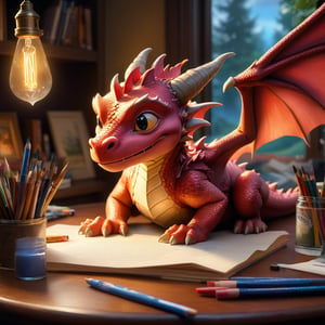 Masterpiece, watercolor cute style, "realistic tiny dragon" curled up, cozy, on desk with art supplies, small head and small eyes, cute wings, illumination background, reflections, sparkling, Dutch angle shot, todd lockwood, joel rea and mark ryden, slawomir maniak and greg tocchini, concept art, rockwell and lou xaz, heartwarming, cozy atmosphere, by chris riddell, a masterpiece, 8k resolution concept art, Artstation, triadic colors, Unreal Engine 5, cgsociety, studioghibli style