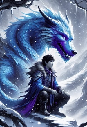 "a person sitting in front of a white chinese dragon, friendly companions", advanced digital game coverart, wolf-like furred dragon, snow and ice, fractal art, snow particles glitterstorm, by Winona Nelson, todd lockwood, concept art of single boy, talking creatures, the artist has used bright, breathtaking render || perfect composition, 2colorpop vexing_metallic_blue vexing_metallic_purple, white paint dots, dynamic composition with upward movement, epic SelectiveColorStyle