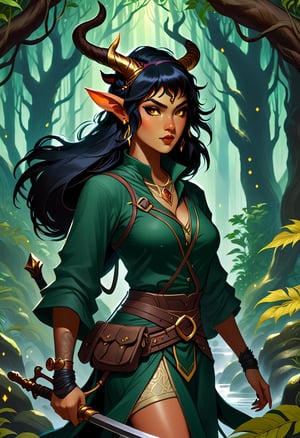 Stunning fantasy full-body color sketch of a part-Asian badass tomboy bad-girl, tiefling, tousled black hair, golden freckled skin, intricate dnd5e tiefling horns, gold piercings, forest ranger adventurer rogue. in enchanted forest. standing on tree branches, Dark fantasy romance semirealistic anime comic style, glowing crystal cavern hot spring hideout. Volumetric and dynamic lighting. Hyperdetailed photorealistic hyperrealistic maximalist masterpiece.,d1p5comp_style,portraitart,r0b0cap