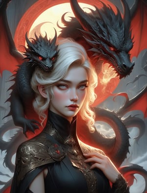 a woman in a black dress with a red sun behind her, 1dragon tiny dragon perched on her shoulder, vector art, by Tom Bagshaw, gothic art, jc leyendecker and sachin teng, gray color, character art. sc-fi. cover art, queen of ice and storm, alena aenami and artgerm, trending on deviant art, emma frost, castelvania, detailed white,PetDragon2024xl,niji style