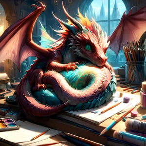 Masterpiece, cute style, "realistic tiny dragon" curled up, cozy, on desk with art supplies, sleepy eyes, cute wings, illumination background, reflections, sparkling, Dutch angle shot, todd lockwood, joel rea and mark ryden, slawomir maniak and greg tocchini, concept art, rockwell and lou xaz, heartwarming, cozy atmosphere, by chris riddell,, a masterpiece, 8k resolution concept art, Artstation, triadic colors, Unreal Engine 5, cgsociety,PetDragon2024xl,niji style,ghibli style