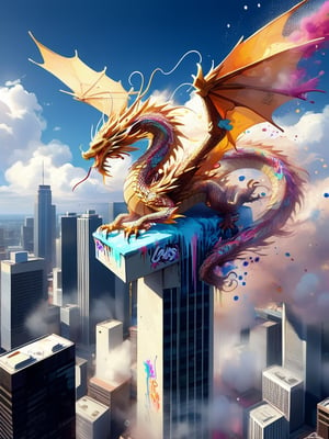 Dissolving western_dragon (made of graffiti:1.4) sitting on the top of a skyscraper, wings with tendrils of dissolving paint, glitterstorm, paint drops dissolving, graffiti dissolving, made of living graffiti, by Nychos, digital painting masterpiece