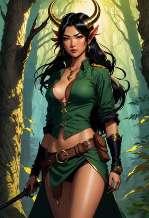 Stunning fantasy full-body color sketch of a part-Asian badass tomboy bad-girl, tiefling, tousled black hair, golden freckled skin, intricate dnd5e tiefling horns, gold piercings, forest ranger adventurer rogue. in enchanted forest. standing on tree branches, Dark fantasy romance semirealistic anime comic style, glowing crystal cavern hot spring hideout. Volumetric and dynamic lighting. Hyperdetailed photorealistic hyperrealistic maximalist masterpiece.