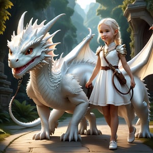 Photorealistic girl walking a dragon on a leash, Full body portrait of an adorable little white dragon and girl,  gentle and charming, tiny dragon , fantasy setting, warm and welcoming expression, (masterpiece: 2), best quality, ultra highres, original, extremely detailed, perfect soft lighting, captivating and lovable character, stunning,PetDragon2024xl