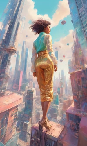 Climbing up to the top part of an advandced sky scraper,the most attractive enthusiatic female soul sphere gold and colorful, enthusiastic, serene, eye's open, astonishing, over a futuristic city, pastel sky's, air ships, sanctuaries, colorful, western, eastern, south, & north 
