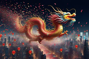 A chinese new year dragon dissolving into confetti as it flies over a city, confetti, dramatic, dynamic, beautiful, enchanting, digital illustration style, movement,DragonConfetti2024_XL