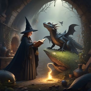 high quality, 8K Ultra HD, create a highly detailed storybook-inspired illustration of a witch and wizard discovering an abandoned baby dragon and deciding to raise it, the characters should be highly emotive to convey the meaning of the scene, composition should be meticulously composed to lead the viewer through the scene, the setting should be detailed and imaginative and create a fantasy world unlike anything seen before, the techniques used should display a mix of traditional media and digital painting techniques, creating intriguing texture and depth, high detailed, 